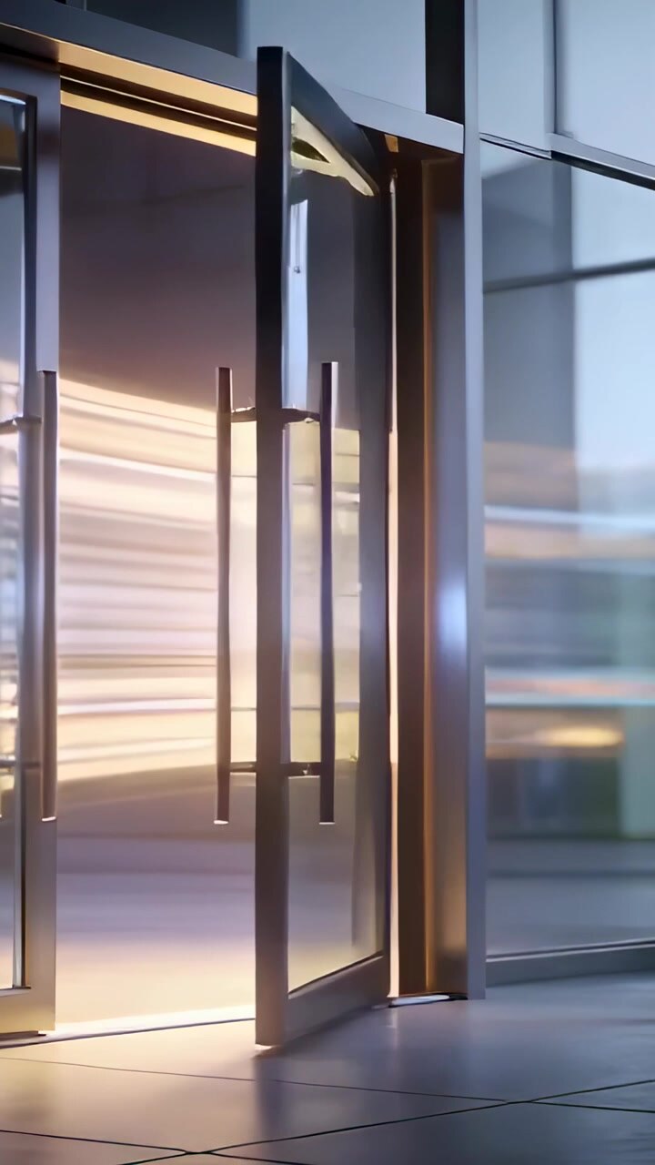 Vídeo vertical: Portas de vidro giratórias se abrindo para fora em um lobby moderno, com maçanetas de metal brilhando.