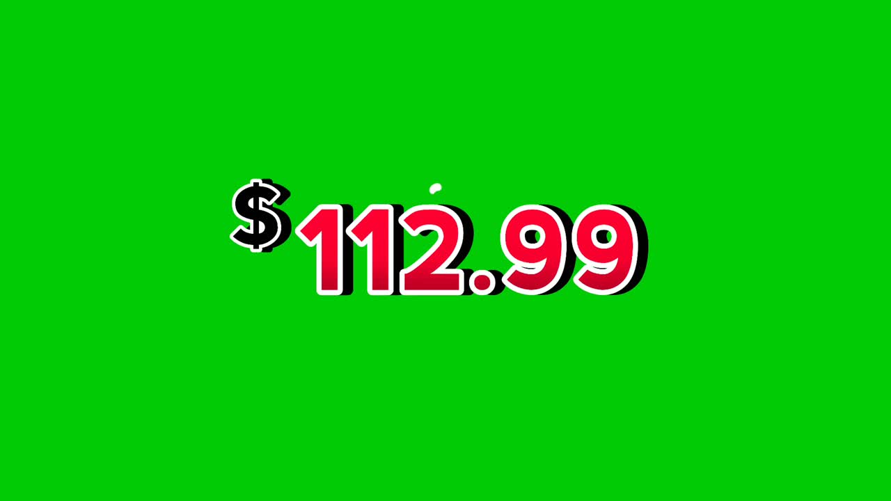 Animation red $112.99 dollars price tag motion graphics with smoke effects on green screen background. Perfect for ads, e-commerce, retail, discounts, and promo videos business concept video element