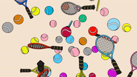 toon style colorful tennis balls and tennis rackets on beige background.