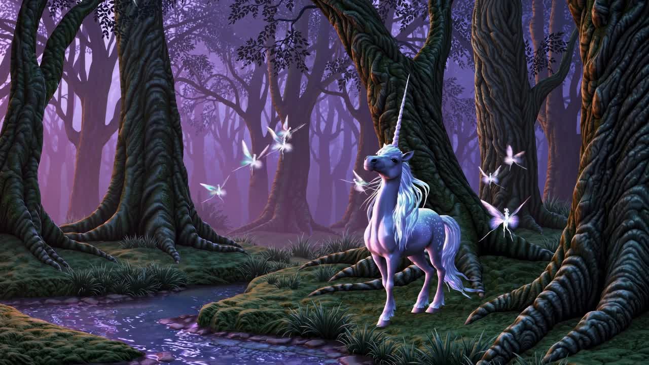 Fantasy forest scene with mystical creatures by a stream