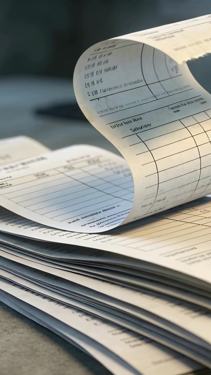 Vertical video: Curling stack of printed forms lifting into two loops on table, with blurred device