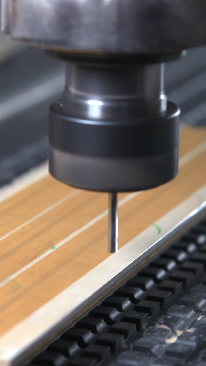 Router CNC di precisione che taglia finiture in legno su un banco a depressione, primo piano della punta rotante che crea scanalature e rimuove materiale