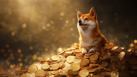 shiba inu dog on a pile of gold coins
