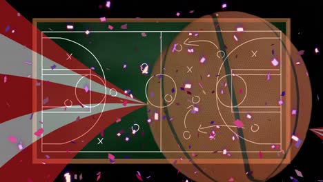 Animation-Von-Konfetti-über-Der-Zeichnung-Von-Spielplan-Und-Basketball-Auf-Schwarzem-Hintergrund