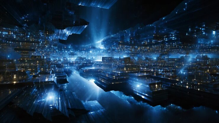 A mesmerizing view of a futuristic digital landscape, showcasing an expansive network of bright blue structures and lights seemingly suspended in dark space, evoking a sense of wonder and exploration