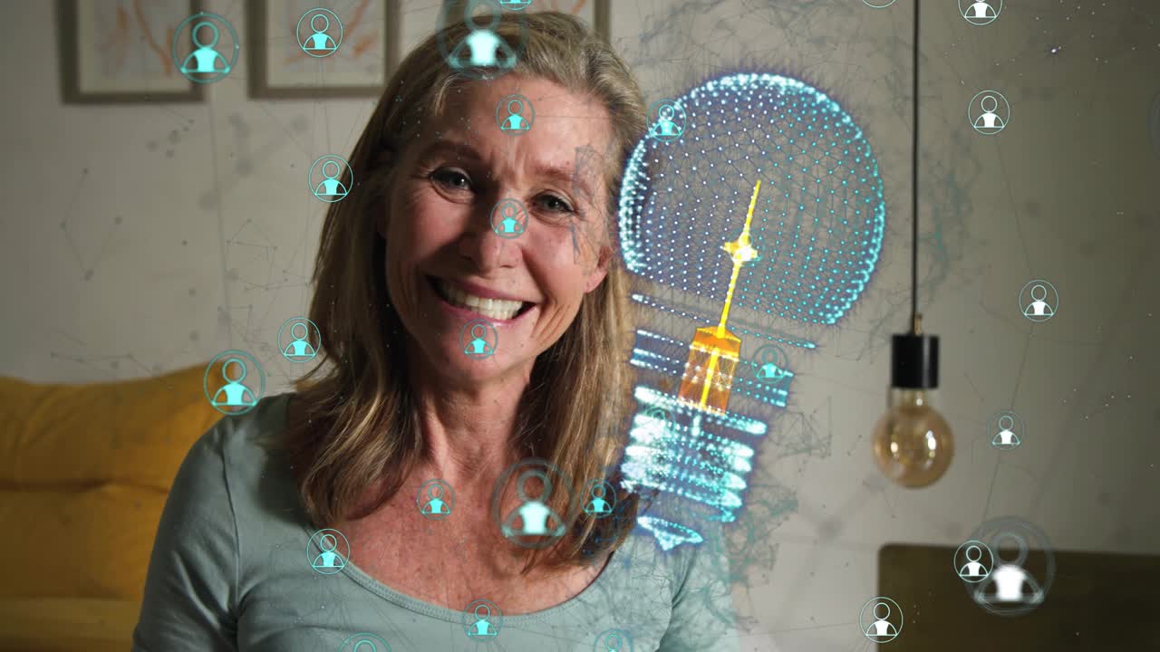 Mature woman glancing up causing holo and pulsing bulb settling cheek sipping tea and finding tech