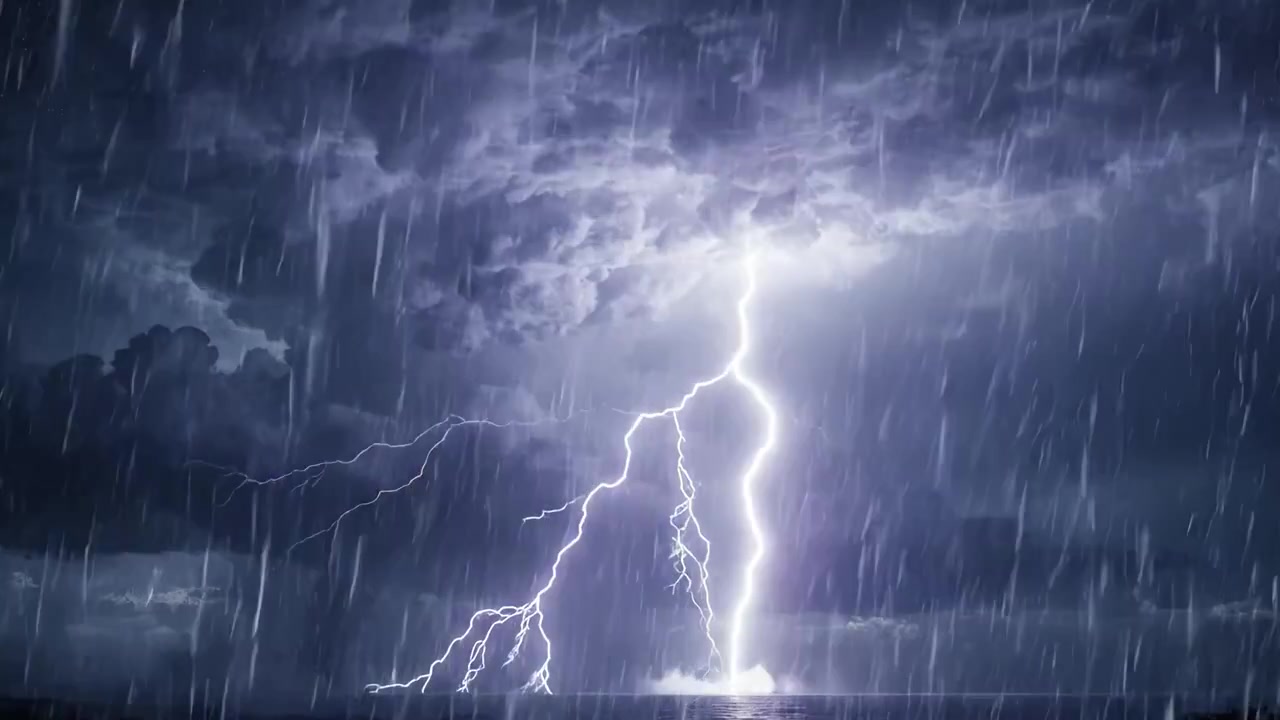 A Dramatic Display of Nature's Power: Captivating Scenes of Thunderstorms with Heavy Rain and Striking Lightning Illuminating the Dark Clouds in the Night Sky