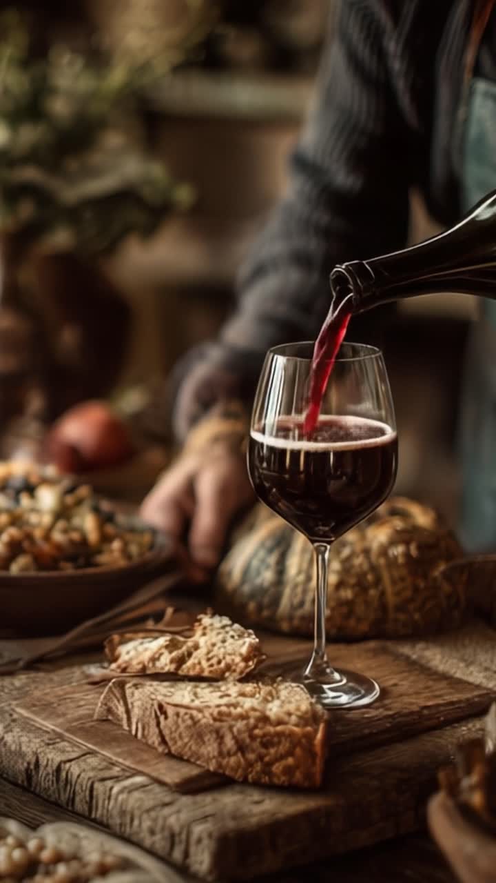 Elegante Tischdekoration mit einer Weinprobe und einem Arrangement aus handwerklichem Brot, die die Essenz von Gourmetküche und rustikaler Eleganz einfängt