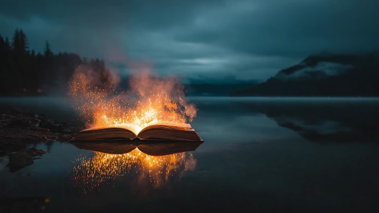 Bogbrænding ved søen i skumringen under en overskyet himmel