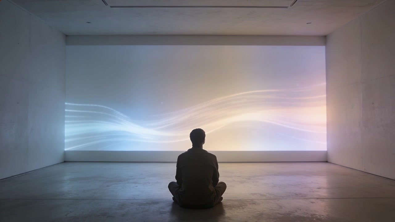 Sitting adult man in dark clothes watching light panel shifting at gallery, observing color change