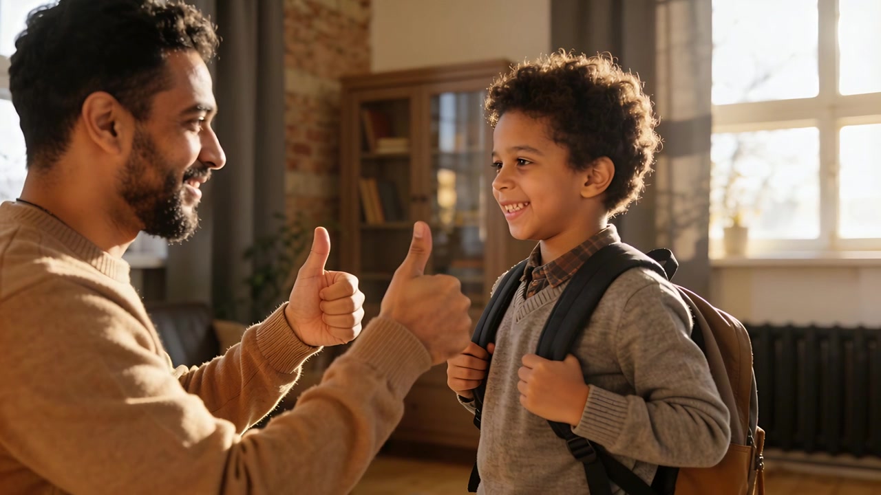 Fazendo sinal de positivo com os dois polegares, pai e filho ajoelhados de suéteres ajustando a mochila, sorrindo em casa para a escola.