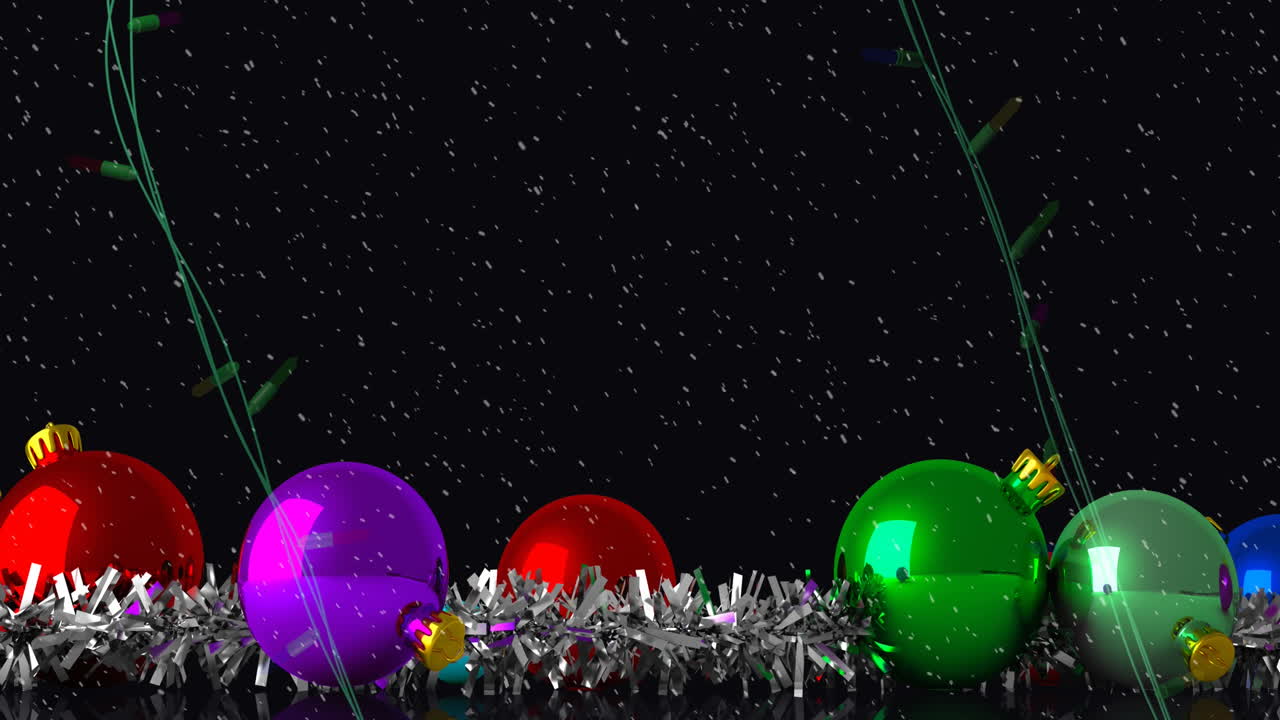 Coloured christmas string lights flashing over tinsel and colourful baubles on black background