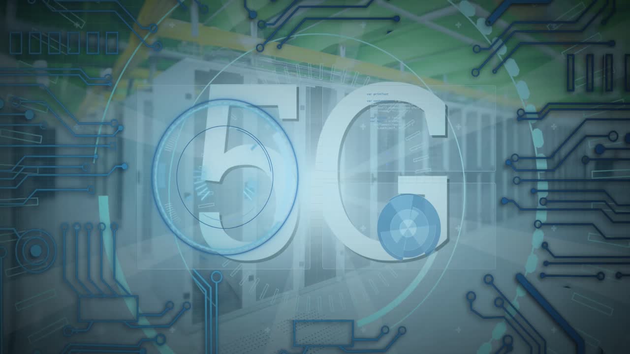 Animation of scope scanning with 5g text over server room