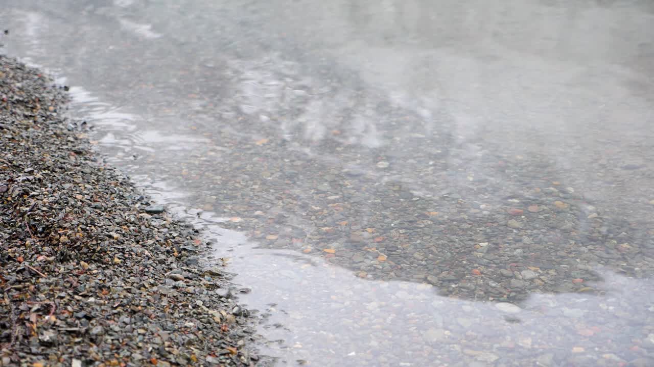 슬로우 모션, 겨울에 바위가 많은 호수 가장자리의 클로즈업 샷