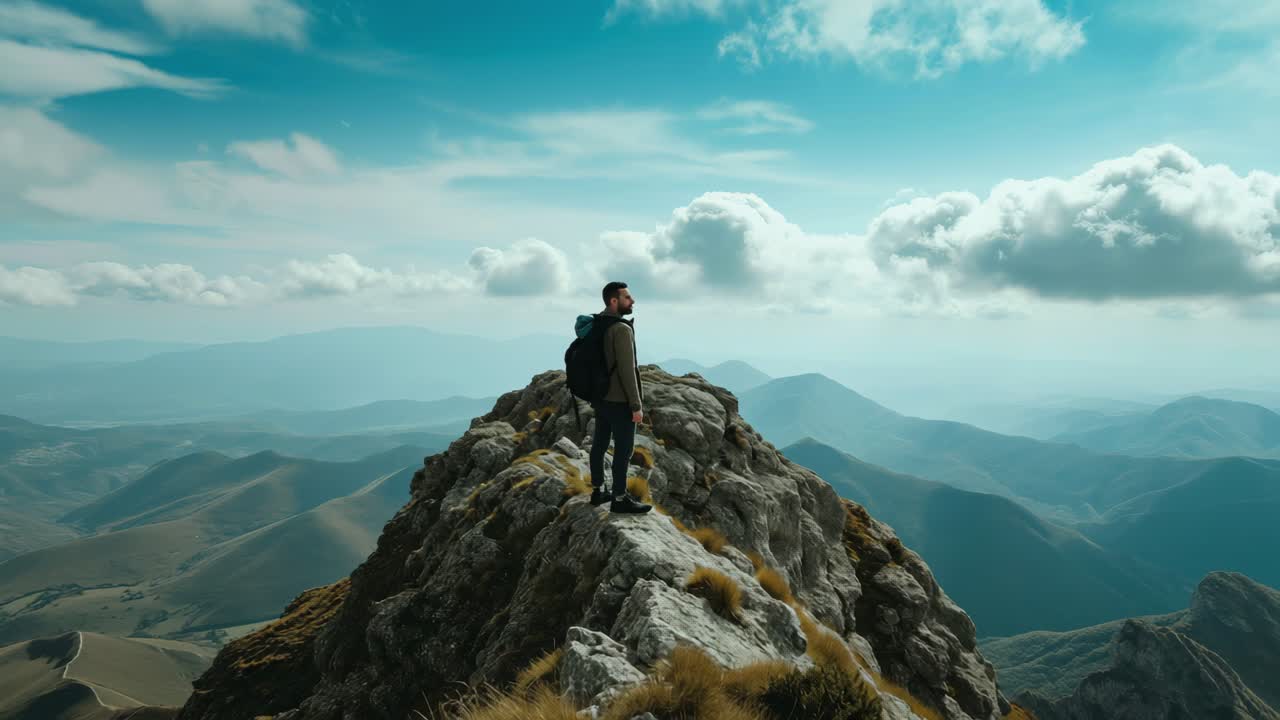Male hiker walking mountain ridge, enjoying dramatic landscape with rugged peaks, sunlight illuminating distant mountain ranges and scattered white clouds overhead