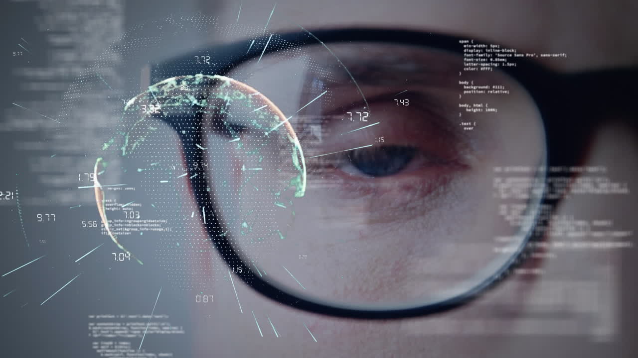 animación del globo de la red de conexiones y procesamiento de datos en primer plano del ojo humano