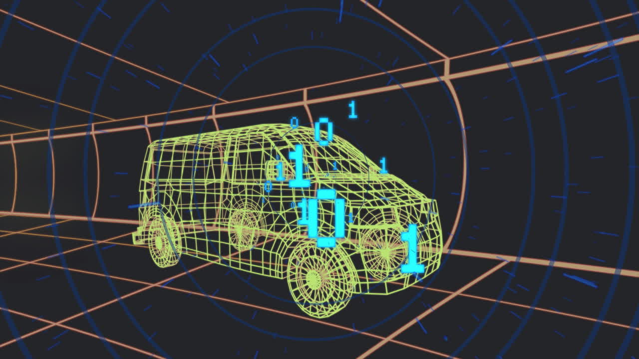 Wireframe van model floating in dark virtual space, displaying blue binary digits scanning data