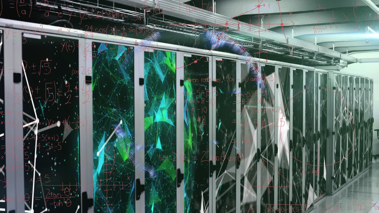 animación de globo con ecuaciones matemáticas sobre puntos conectados en bastidores de servidores de datos