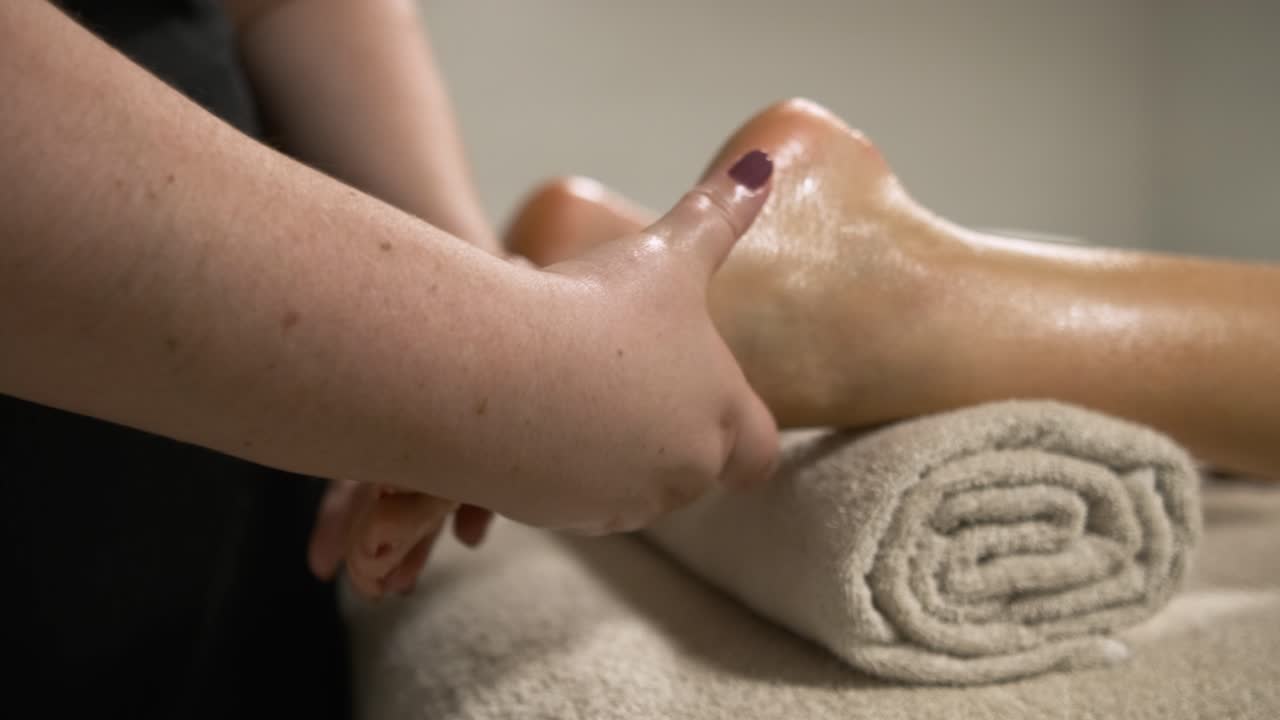 Massaggiatrice che applica olio e massaggia il piede di una donna.