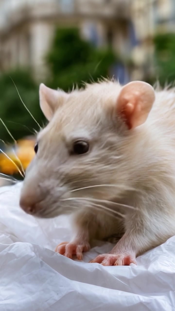 Primo piano di un ratto bianco su una superficie bianca, che cattura i dettagli intricati della sua pelliccia e le sue caratteristiche espressive in un ambiente esterno.