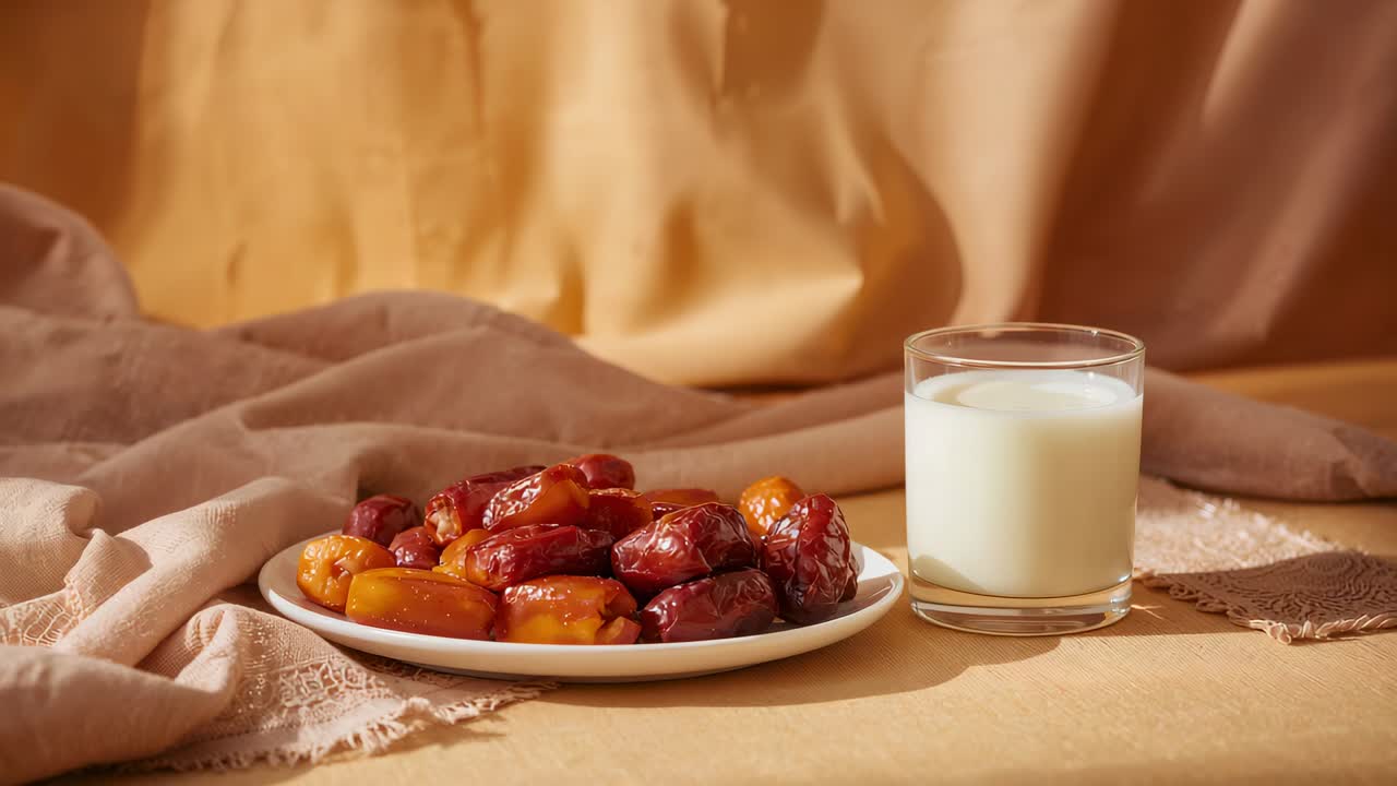 Zooming camera bringing plate of dates and milk glass closer on beige cloth, highlighting texture