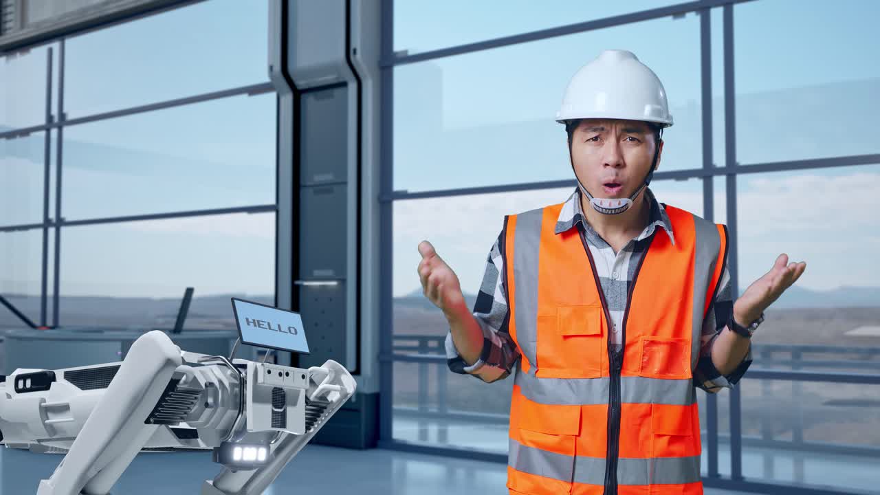 ingeniero asiático con casco de seguridad de pie en una fábrica de alta tecnología, analizando el concepto de la máquina robótica.