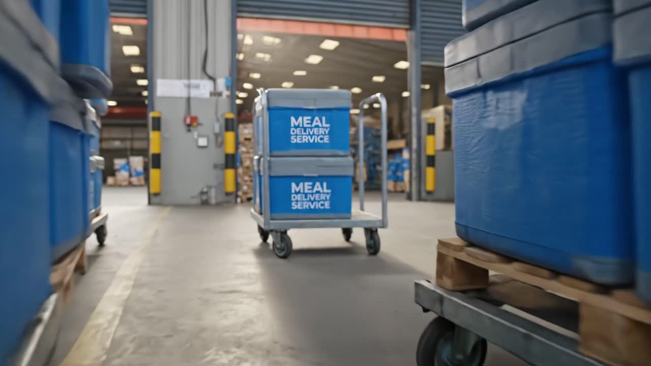 Contenitori blu di un servizio di consegna pasti impilati in un magazzino logistico