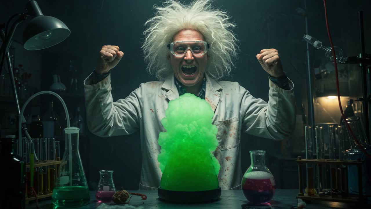 Energetic Scientist Celebrates Successful Experiment with Vibrant Green Gas Eruption in Laboratory Setting, Capturing the Excitement of Scientific Discovery and Innovation