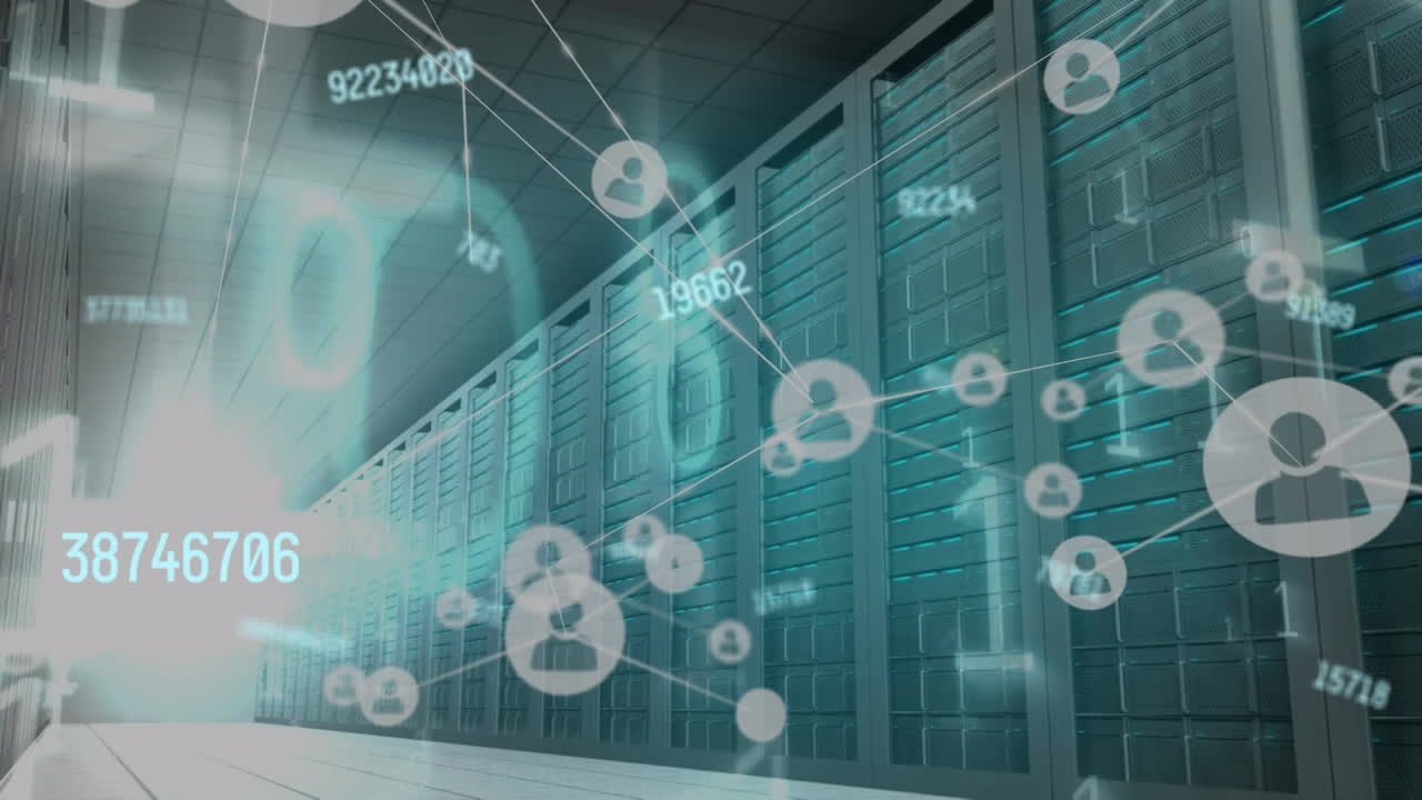 animación de la red de conexiones con iconos sobre la sala del servidor