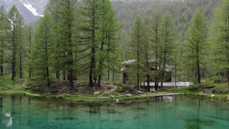 Lago-Blu-backward-shot-reveals-surrounding-snow-covered-mountain-range