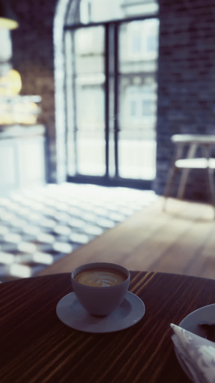 Ambiente accogliente di una caffetteria con una tazza di caffè e un pasticcino in uno spazio luminoso