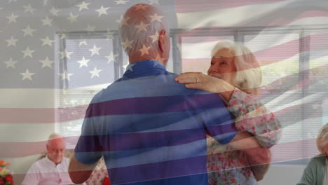 animation of flag of usa over senior caucasian couple dancing