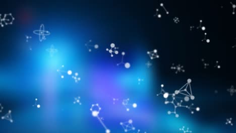 Animation-of-molecules-and-elements-floating-on-blue-and-black-background