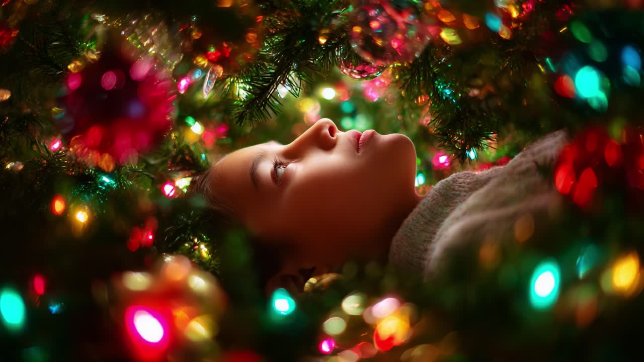 A Child's Dream Beneath the Christmas Tree: Exploring Wonder and Magic Through Twinkling Lights and Colorful Ornaments in a Holiday Wonderland of Joy and Reflection