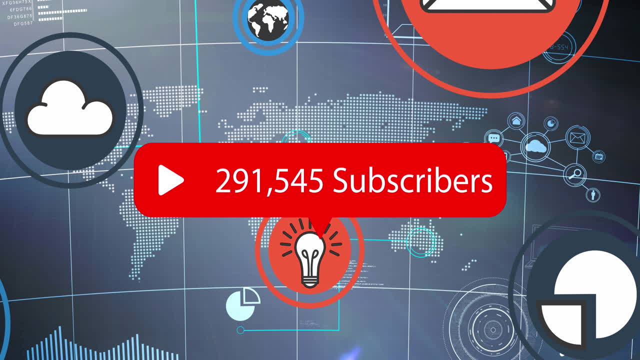 세계 지도 위에 가입자 텍스트와 숫자를 가진 음성 버블의 애니메이션