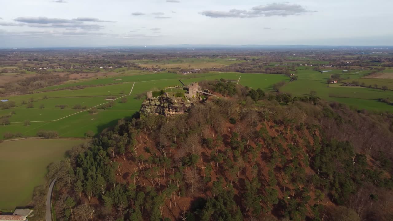 Aerial view of Beeston Castle on spring morning - Cheshire, England, UK
