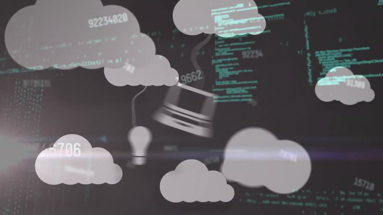 Animation of data processing and media icons over light spots