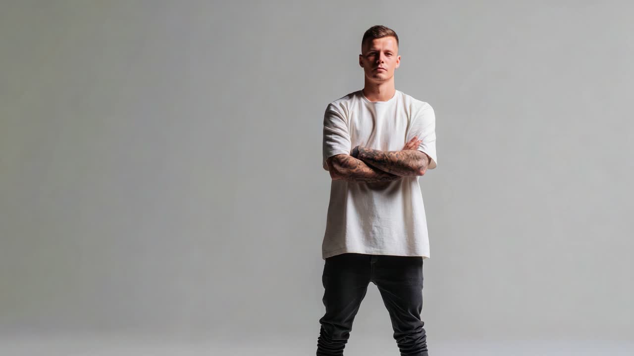 A confident individual stands boldly in a minimalist setting, showcasing their unique style with tattoos and a relaxed outfit, embodying modern fashion and self-expression