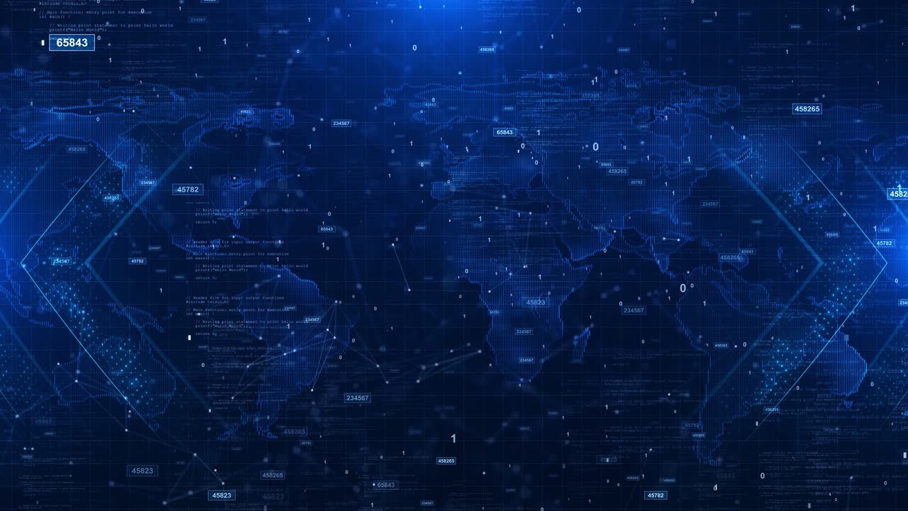Animazione futuristica con mappa digitale del mondo, sfondo, utenti, connessione globale, social media