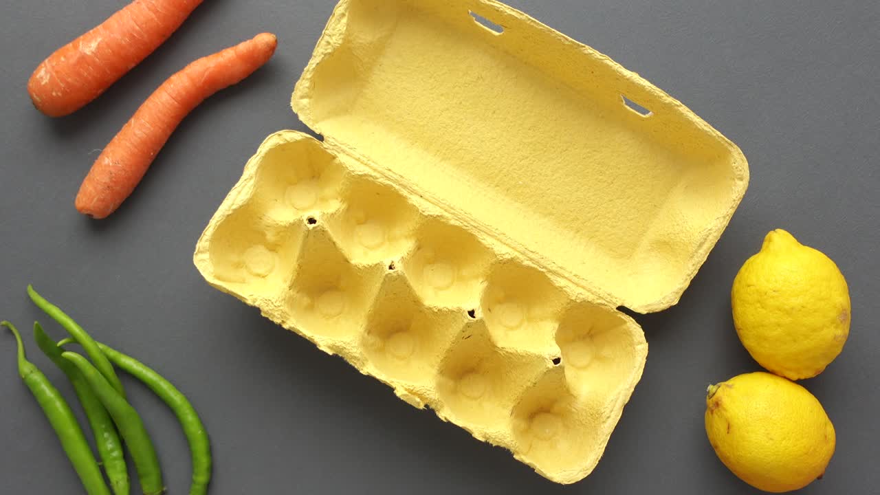 productos frescos y cartón de huevos vacío