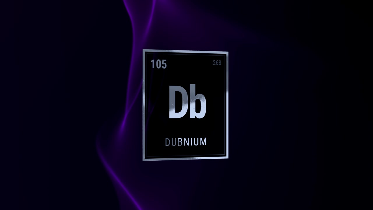 Elemento Dubnio sulla Tavola Periodica con Sfondo Astratto Viola.