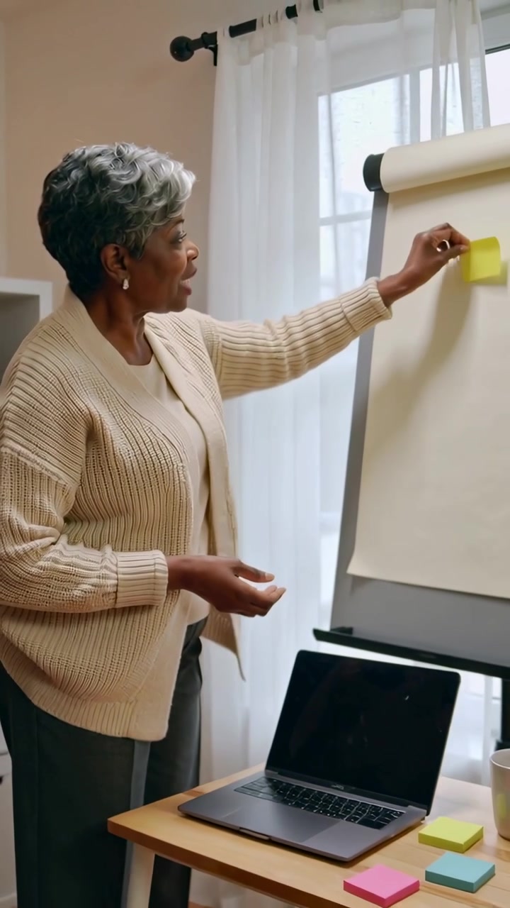 Video verticale: Donna in cardigan che stacca un post-it giallo e posiziona note su un grafico, mentre conduce una riunione