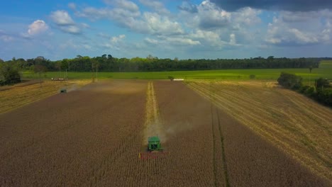 Combine-harvester-gathering-soybean-crop-on-land-deforested