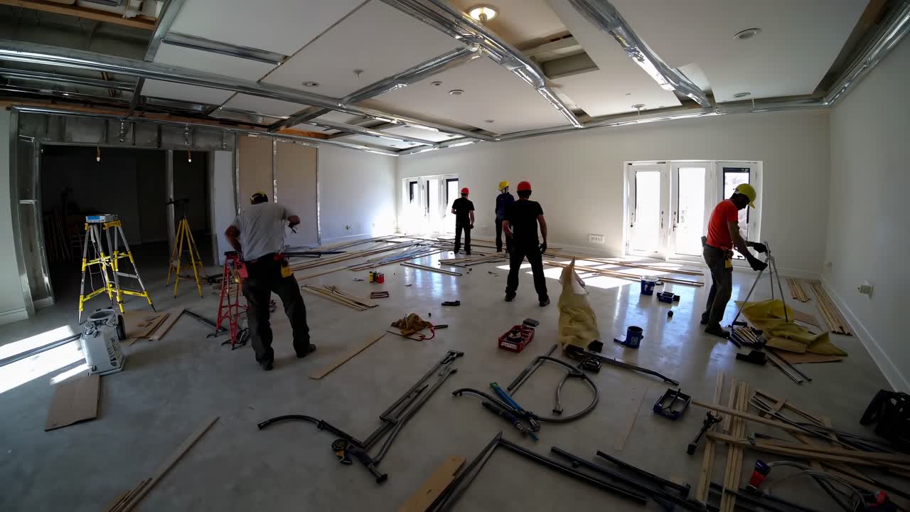 Wide-angle shot of a construction site indoors, capturing workers and tools scattered