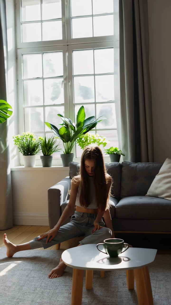 Young Woman Relaxing in a Sunlit Living Room with Plants