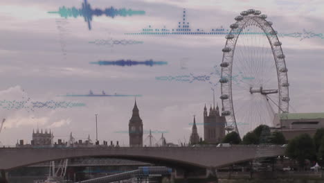 panoramic riverside cityscape featuring london eye and big ben being overlaid with data overlays