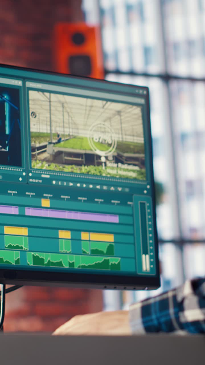 Vertical video Video editor editing color grading in creative home office, zoom in shot