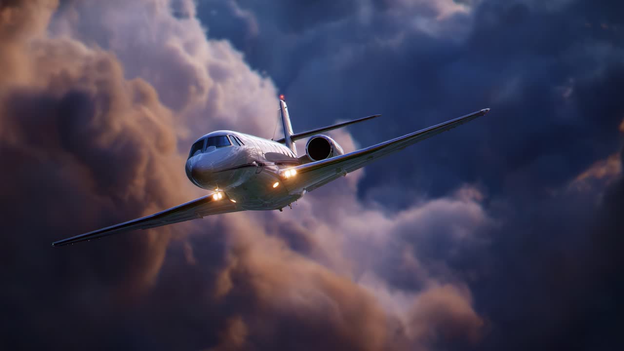 Un elegante jet privato scivola tra drammatiche nuvole tempestose, mettendo in mostra il suo design aerodinamico e i motori potenti mentre vola alto sopra condizioni meteorologiche turbolente