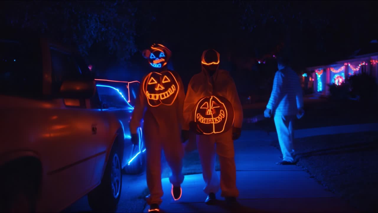 Two costumed figures illuminated with neon pumpkin designs stroll down a festive pathway lined with Halloween decorations, creating an enchanting atmosphere of celebration