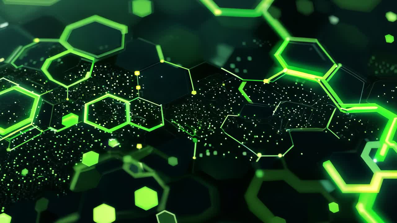 A green and black image of hexagons and dots. The image is abstract and has a futuristic feel to it